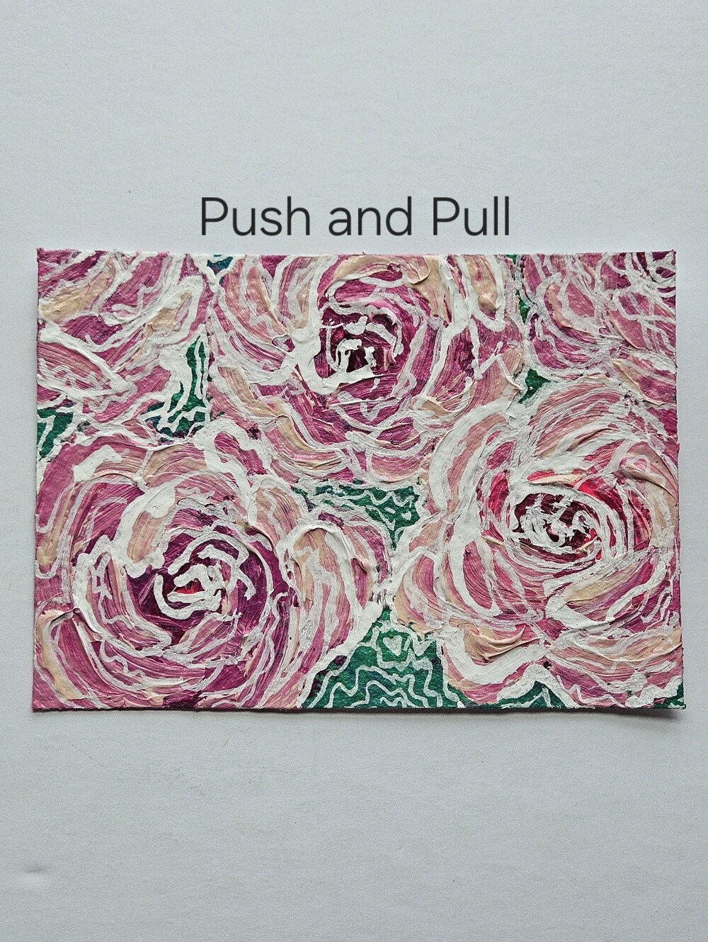 Push and Pull chic 5" x 7" abstract acrylic floral painting pink white outline